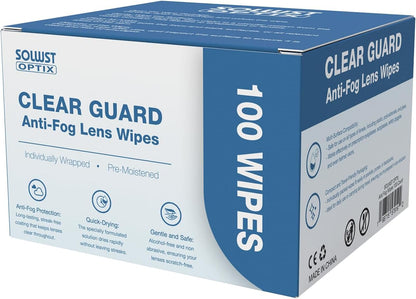 Optix Clear Guard Anti Fog Lens Wipes - 100 Pre-Moistened, Individually Wrapped Wipes for Eyeglasses, Camera Lenses, Sunglasses, Face Shields, Visors, Goggles, and Other Surfaces