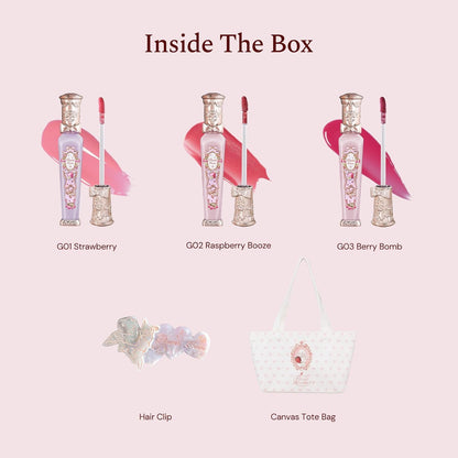 Flower Knows Violet Strawberry Rococo Glowy Lip Gloss 3-Piece Set,G01+G02+G03 with Canvas Tote Bag & Hair Clip,Moisturizing Lip Oil,Hydrating Lip Plumper Makeup for Girls & Women