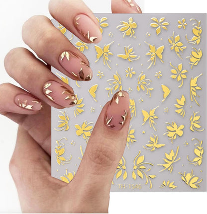 6 Sheets Gold Nail Stickers 3D Metallic Flower Leaf Nail Art Stickers 3D Self Adhesive Gold Nails Designs Accessories Cherry Blossom Flower Nails Decals for Women Girls DIY Summer Manicure Decoration