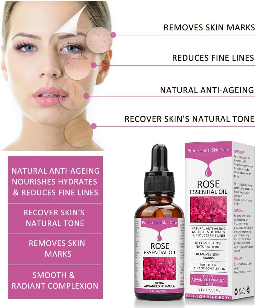 Rose Essential Oil, Face Moisturizer Oil, Face Essential Oils for Women, Rose Oil for Face, Skin Care, 1 FL.OZ (30ml)