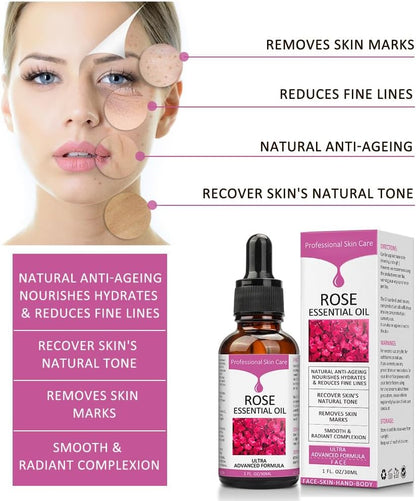 Rose Essential Oil, Face Moisturizer Oil, Face Essential Oils for Women, Rose Oil for Face, Skin Care, 1 FL.OZ (30ml)