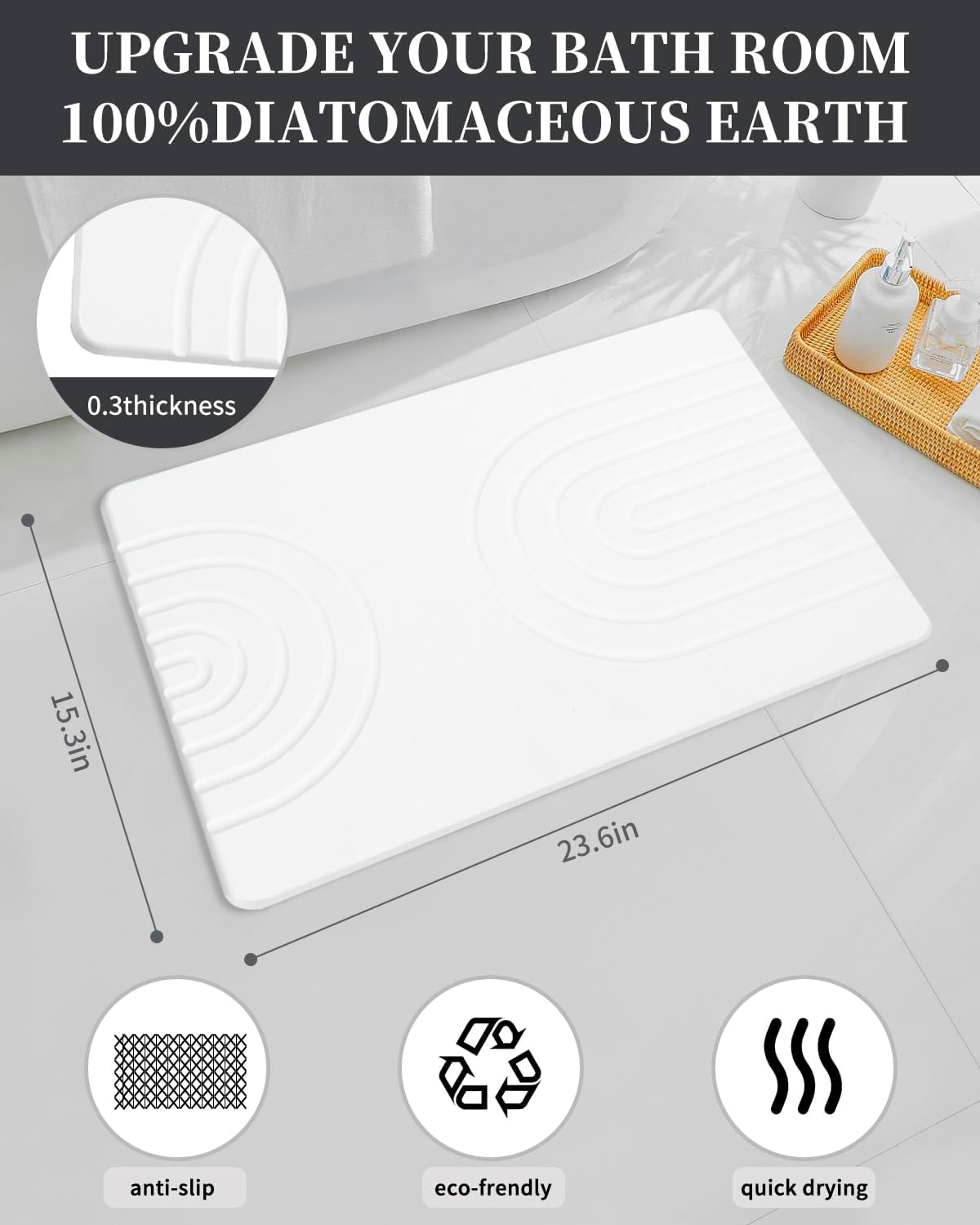Stone Bath Mat 24"x16" - Diatomaceous Earth Shower Mat, Quick Dry, Anti-Slip, Modern Design with Bonus Non-Slip Pad - Perfect for Home Safety and Style,White,Straight