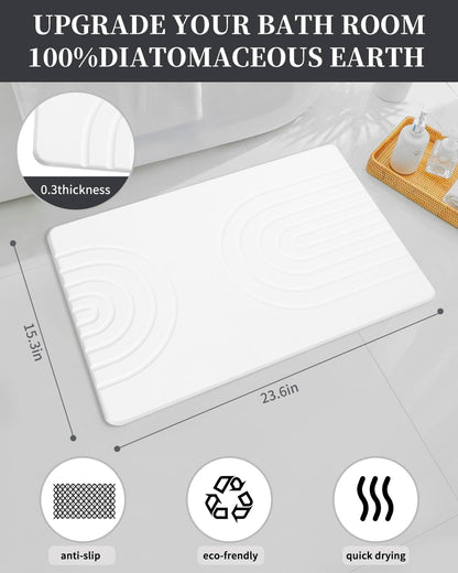 Stone Bath Mat 24"x16" - Diatomaceous Earth Shower Mat, Quick Dry, Anti-Slip, Modern Design with Bonus Non-Slip Pad - Perfect for Home Safety and Style, White,Semicircle