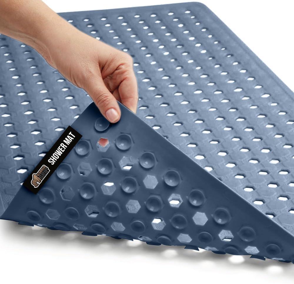 GORILLA GRIP Patented Bath Tub Shower Mat, Machine Washable Bathtub Floor Liner Mats, Suction Cups and Drain Holes to Keep Tubs Clean, Soft on Feet, Bathroom Essentials, 35x16 Inch, Navy Opaque