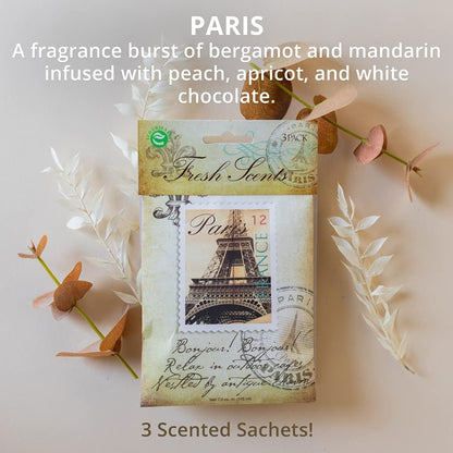 WILLOWBROOK | Fresh Scents Scented Sachet Packet | Paris | Air Freshener Bags for Drawers, Closets, Cars | 6 Pack | Long Lasting Home Fragrance