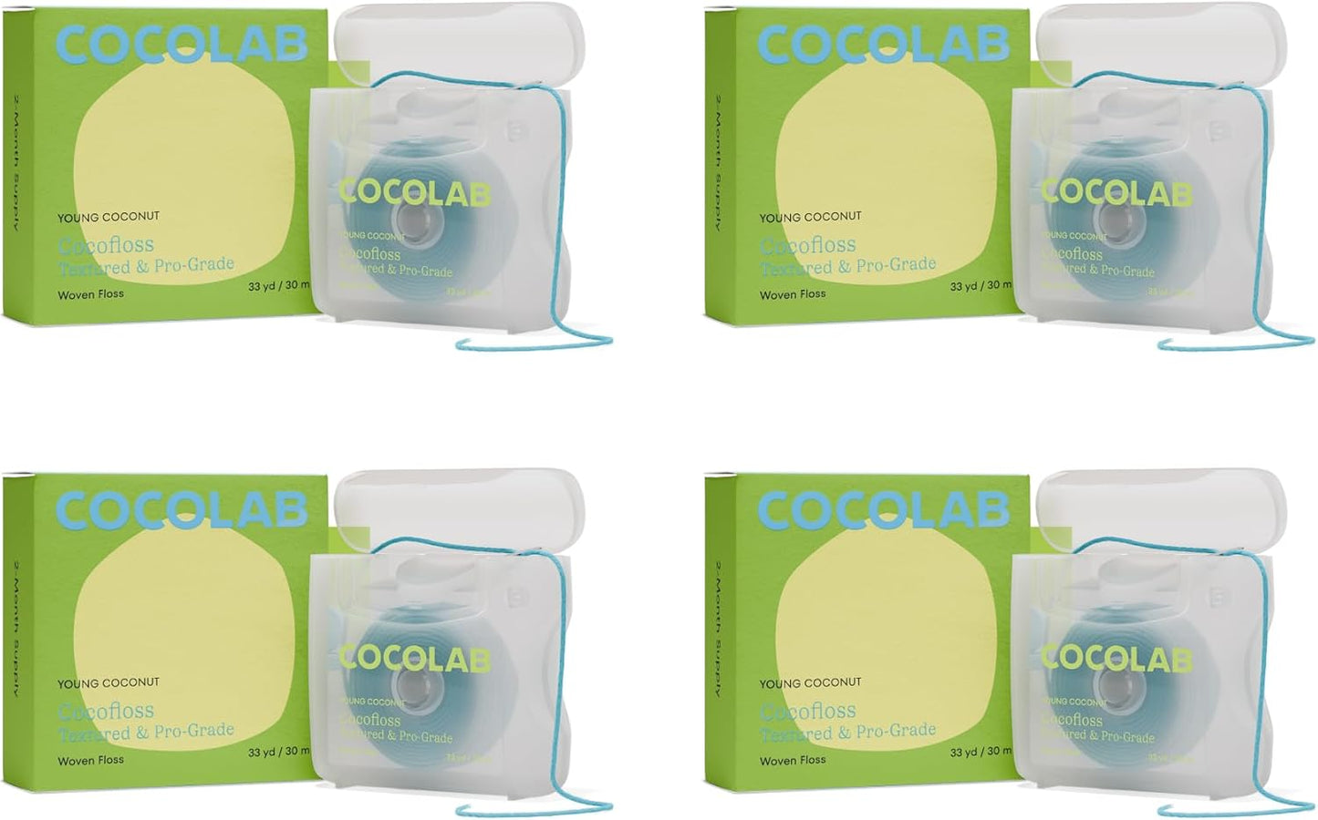 Cocolab Woven Dental Floss, Dentist-Designed Oral Care, Coconut Scent, Waxed, Expanding, Kid-Friendly String Floss with Coconut Oil, 4 Spools (33 yd Each)