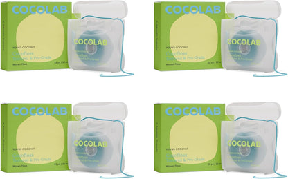 Cocolab Woven Dental Floss, Dentist-Designed Oral Care, Coconut Scent, Waxed, Expanding, Kid-Friendly String Floss with Coconut Oil, 4 Spools (33 yd Each)