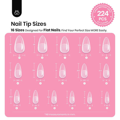 Beetles Tipex Gel Nail Kit, Medium Almond Nail Tips 224 Pcs 16 Sizes Pre-Building Pre-Etched False Nail Tips with Tipex Nail Glue, Mini Nail Lamp Thick Acrylic Nail Set Halloween Nails