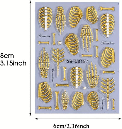 3Pcs Skull & Ribcage 5D Nail Stickers - Y2K Gothic Horror Design, Self-Adhesive Foil Decals Halloween Nail Art, Single-Use Plastic Embossed Animal Print, Golden, White, Rose Gold Skull Nails Decals