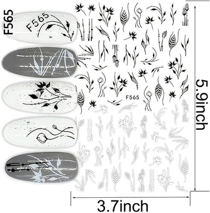 10 Sheets Black White Leaves Flower Nail Art Stickers 3D Self-Adhesive Retro Floral Vine Pattern Nail Decals Tropical Plants Mandala Leaf Geometry Transfer Decals Nail Art Decorations for Women Girls