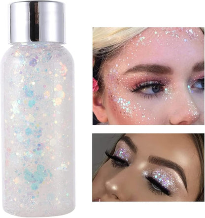 MAEPEOR Chunky Face Body Glitter Gel 19 Colors Mermaid Sequins Holographic Body Glitter Gel Long-Lasting Festival Makeup Glitter Paint for Face Body Hair Nails (30g, 09 White)