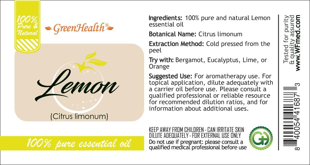 Lemon Essential Oil – 8 fl oz (237 ml) Aluminum Bottle w/Plug Cap – 100% Pure Essential Oil – GreenHealth
