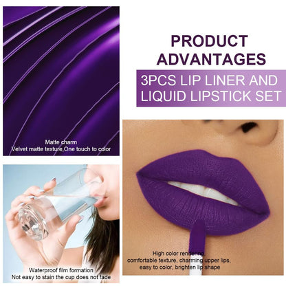evpct 3Pcs Lavender Dark Violet Purple Matte Lip Liner & Liquid Lipstick Stain Makeup Set for Women, Lip Liner Stain Long Lasting Waterproof Smudge Proof, Cruelty Free Lip Makeup 24 hours originales