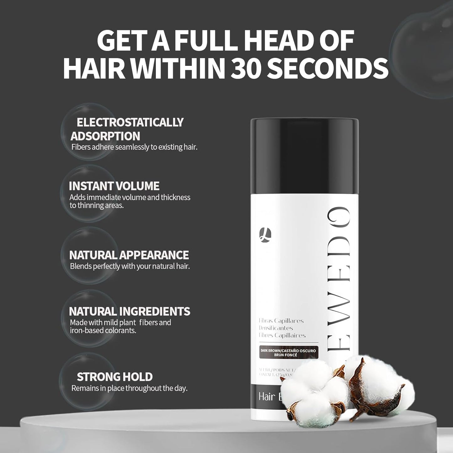 Hair Building Fibers - Instant Volume for Thinning Hair, Natural Appearance with Electrostatic Adsorption,Plant-Based, All-Day Hold, 25G Medium brown