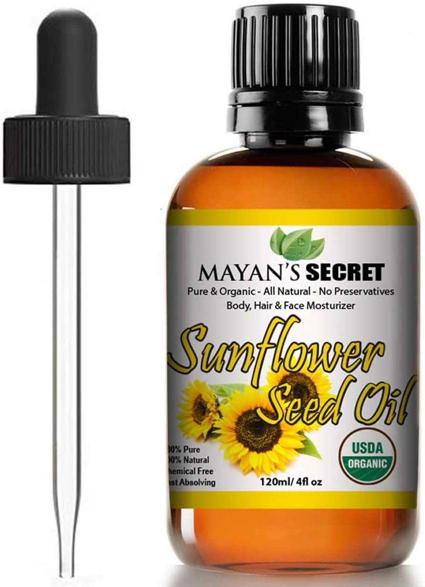 Mayan's Secret Sunflower Seed Oil - 4oz Size | All Natural Cold Pressed USDA Certified Organic - High Linoleic| Daily or Nighttime Regimen Large 4oz Amber Glass Bottle & Glass Dropper.