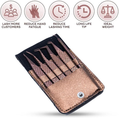 5 Pcs Fiber-Tip Japanese Steel Lash Tweezer Set with Leather Case, Professional Eyelash Tweezers for Lash Extensions – Titanium Coated, 90 & 45 Angled, Precision Pointed Tweezers (METALIC-ROSE)