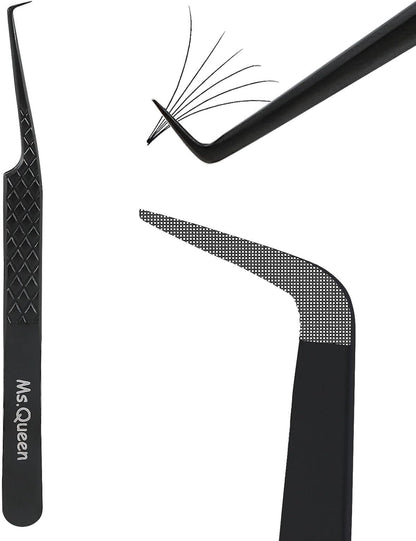 Ms.Queen Fiber Tip Tweezers for Lash Extensions, Precision 90 Degree Eyelash Tweezers for Volume & Classic Lashes,Black