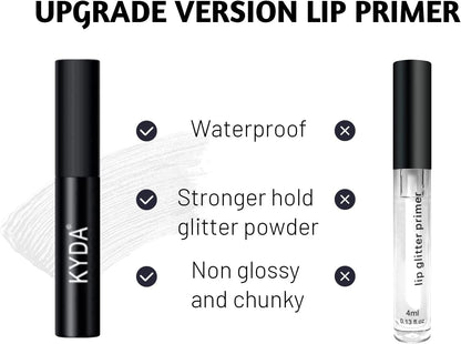 3 Colors Glitter Lip Kit, Diamond and Glitter Metallic Lip Powder with Lip Primer, Waterproof Long Lasting & Smudge Proof, Shimmer Sparkly Glitter Lip Cosmetic without Sticky Flake Off Set A