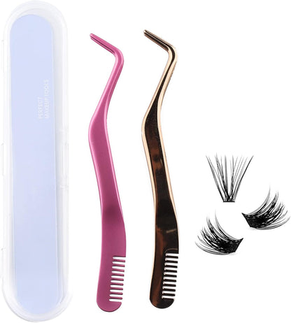 FADLASH Lash Tweezers for Individual & Cluster Lashes, 2pcs DIY Eyelash Extension Supplies, Lash Applicator Tool, Eyelash Tweezers for False Lash Extension, Pink & Rose Gold