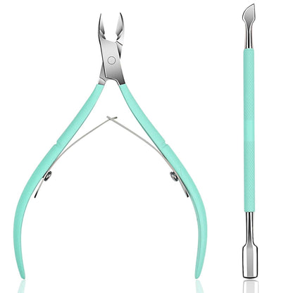 Ejiubas Cuticle Trimmer with Cuticle Pusher Cuticle Nipper Professional Grade Stainless Steel Cuticle Remover Cutter Clipper Durable Pedicure Manicure Tools (Green)