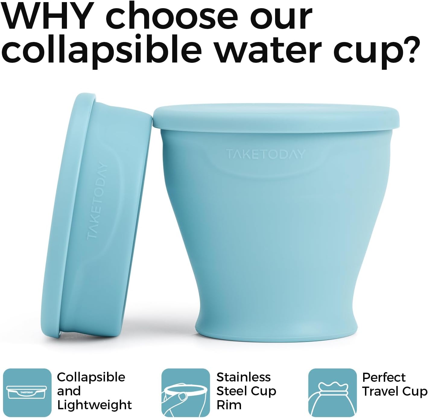 TakeToday Collapsible Travel Cup - Silicone Foldable Water Cup, BPA-Free with Lid & Waterproof Bag - Drinking Cup Set for Office, Camping & International Travel（8 Oz, Blue）