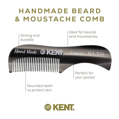 Kent 81T FOT Black Graphite Beard Pocket Comb Set for Men - Beard Kit for Travel and Home, Mustache Comb for Men, Mini Comb Beard Combs for Mens Grooming, Sawcut Hand polished Made in England