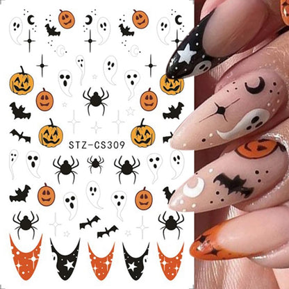 3 Pcs Halloween Nail Art Stickers Decals Cute Ghost Pumpkin 3D Self Adhesive Nail Decals Flower Ghost Nail Design Pumpkin Cats Spider Bats French Manicure Supplies for Women Nail Decor