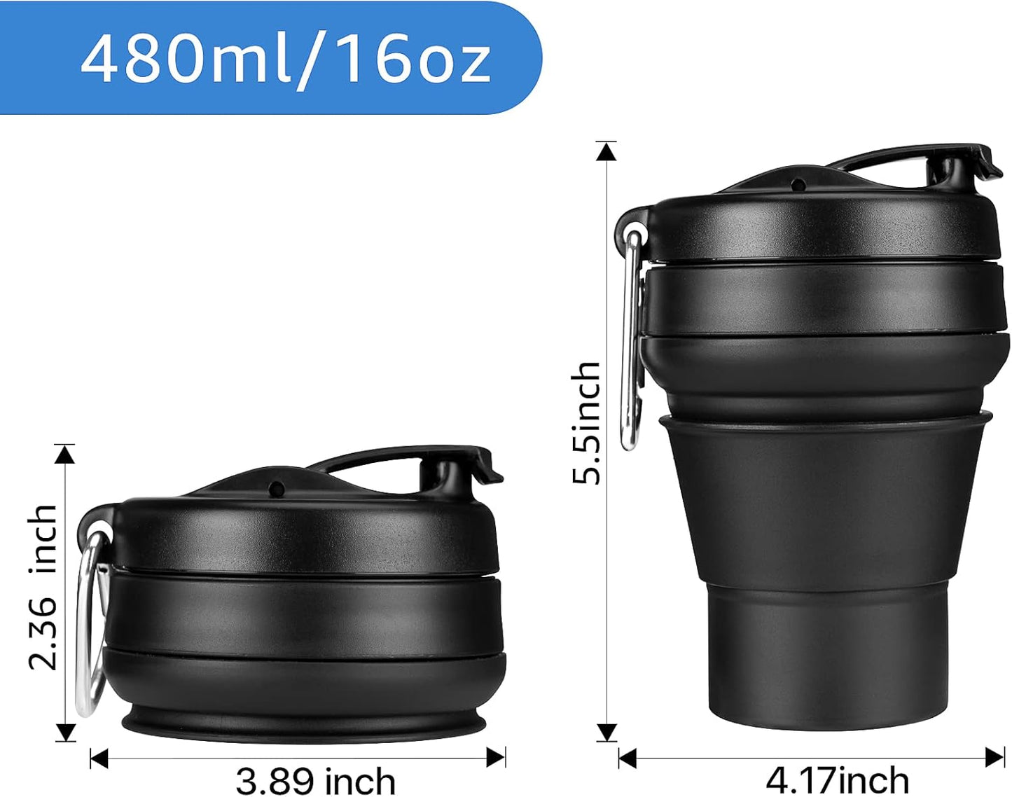 Collapsible Coffee Cup, 16 OZ 480ml Large Silicone Folding Camping Mug, Leak Proof BPA Free Portable, Travel Bottle with Lids for hiking, Microwave & Dishwasher Safe (Black)