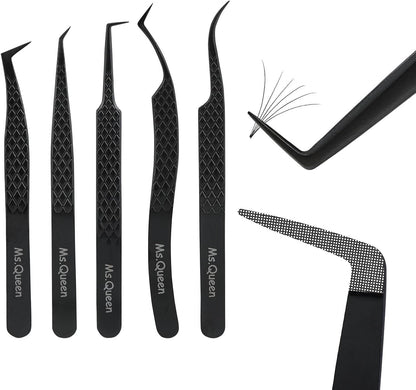 Ms.Queen Lash Tweezers for Eyelash Extensions,Set of 5,Fiber Tip Curved 45 90 Degree and L-Shape Boot Lash Tweezers for Mega Volume & Classic Lashes,Black