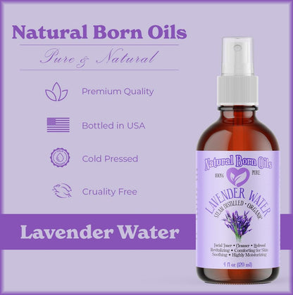 Natural Born Oils 4oz Lavender Water Hydrosol, 100% Pure and Natural, Organic, Steam-distilled, Facial Toner Cleanser, with Sprayer