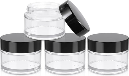 1oz Jars with Lids, HOA Kinh 4 Pack Clear Glass Jars Empty Cosmetic Containers Round Airtight Glass Jar with Inner Liners and black Lids for Storing Lotions, Powders, and Ointments