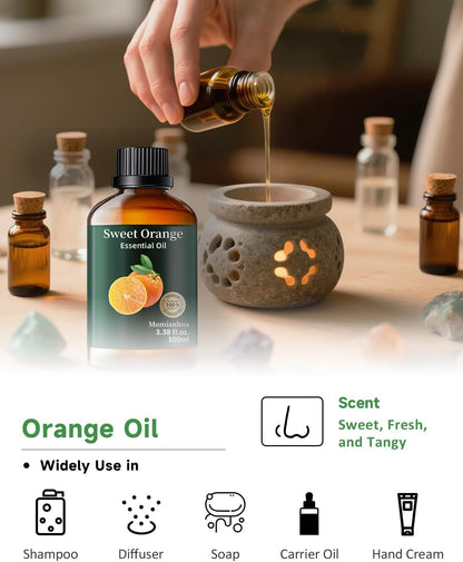 Orange Essential Oil Pure,Mumianhua Natural Sweet Orange Oil for Diffuser, Humidifier, Air Purifier, Skin,Home, Soap, Candle Making, Room Spray, Cleaning 3.38Fl Oz