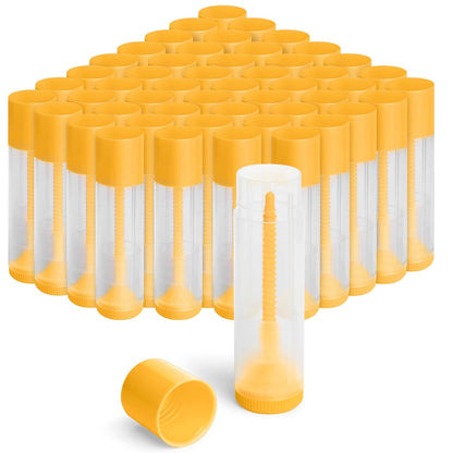 JuLand 50 Pack Empty Lip Balm Containers Bulk 5.5ml - Clear Twist-Up Tubes with Yellow Caps, Refillable Chapstick Tube for DIY Lip Balm Making