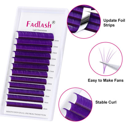 Easy Fan Volume Lashes D Curl Mixed Tray Purple Volume Eyelash Extensions 8-14mm Rapid Blooming Lash Extension Supplies by FADLASH (Purple 0.07-D-Mix)