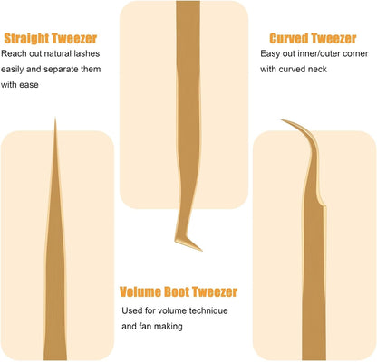 Lash Tweezers for Eyelash Extensions, Professional Eyelash Tweezer Set, Lash Extension Tweezer Kit (Set of 7, Gold)
