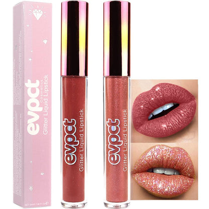 evpct 2Pcs Mauve Red & Bronze Gold Matte to Glitter Liquid Lipstick Long Lasting Lip Set Kit for Women Diamond Shiny Glitter Sparkly Glossy Metallic Shimmer Sparkle Waterproof Lipstick Lip Gloss 02+05