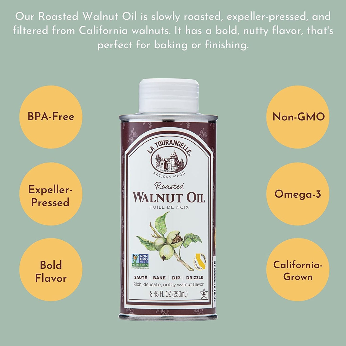 La Tourangelle, Roasted Walnut Oil, Plant-Based Source of Omega-3 Fatty Acid, Cooking, Baking, & Beauty, 25.4 Fl Oz