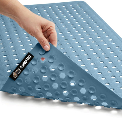 GORILLA GRIP Patented Bath Tub Shower Mat, Machine Washable Bathtub Floor Liner Mats, Suction Cups and Drain Holes to Keep Tubs Clean, Soft on Feet, Bathroom Essentials, 35x16 Inch, Sky Blue Opaque