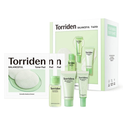 Torriden BALANCEFUL Cica Trial Kit, Gotu Kola Infused Daily Skincare Kit - 4 Step Regimen with Cleansing Gel, Toner Pad, Serum, and Cream | Vegan, Hypoallergenic Korean Skin Care