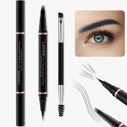 LAVONE Eyebrow Pencil Makeup Kit, with Waterproof 2-IN-1 Microblading Eyebrow Pen, Eyebrow Pomade, Eyeliner and Dual-ended Eyebrow Brush, Brow Pencil Kit for Natural Eyebrows - Black