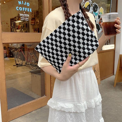 PAZIMIIK Knitted Checkered Makeup Bag Large Zipper Make Up Accessory Pouch for Purse Cosmetic Brush Bag for Travel Essential,Black