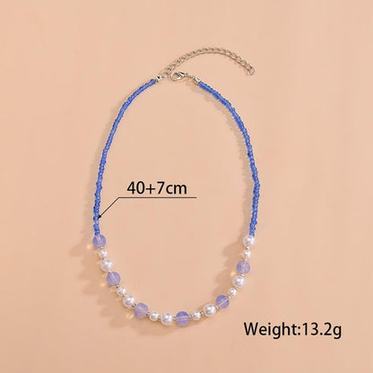 Boho Pearl Choker Necklace Vintage Blue Heishi Surfer Choker Imitation Pearl Necklace Chain Vinyl Seed Beads Necklace Summer Beach Bohemian Necklace Jewelry for Women and Girls