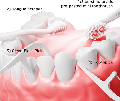 cleaings® Disposable Toothbrushes with Toothpaste - 4-in-1 Mini Travel Toothbrushes, Built-in Tongue Scraper, Floss & Picks for On-The-Go, Camping, Work (Strawberry)