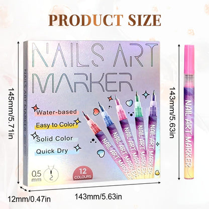 12 Colors Nail Art Pens Set, 2026 New DIY Nail Art Markers for Gel Nails, 3D Nail Polish Pens Quick Dry Graffiti Dotting Point Liner Pens Acrylic Paint Pens Kit for DIY Nail Art Drawing Painting Tools
