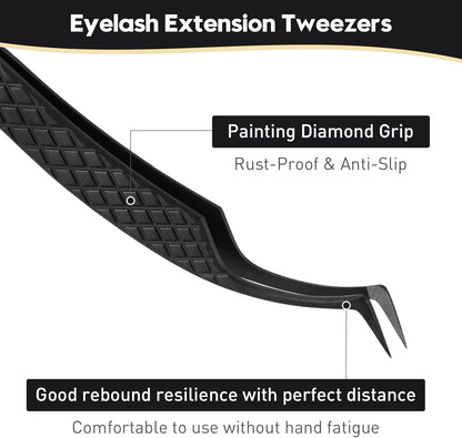 Ms.Queen Tweezers for Eyelash Extensions, Fiber Grip S-Curved Lash Tweezers for Inner Corner,Volume & Classic Lashes,Black