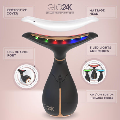 GLO24K Red Light Beauty Device for Face & Neck – 2-Pack, 3-in-1 Facial and Neck Massager with Triple LED & Vibration Technology