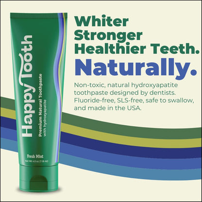 Happy Tooth Hydroxyapatite Toothpaste, Fluoride Free, Natural Whitening for Kids, Toddlers and Adults, SLS Free, Enamel Safe, Dentist Formulated with Clean Ingredients, Fresh Mint Flavor, 4.0 oz