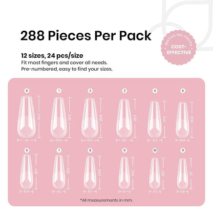 Beetles Coffin Long Gel Nail Tips –Pre-Etched Half Matte Full Cover, 288 Pieces, Pre-Shaped in 12 Sizes for Press-On Extensions