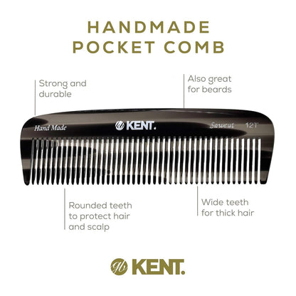 Kent 12T Wide Tooth Detangling Comb - Handmade Pocket Grooming Tool for Thick, Curly, Wavy Hair, Beards and Mustaches - SawCut and Hand Polished