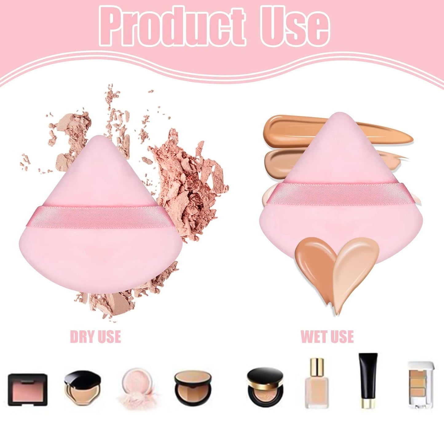 Pimoys 6 Pieces Powder Puff Face Makeup Sponge Soft Velour Triangle Powder Puffs Beauty Sponge Stocking Stuffers for Loose Powder (Black, Pink)